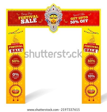 happy durga puja festival sale banner, navaratri festival offer banner template design with goddess durga face illustration Royalty-Free Stock Photo #2197337615