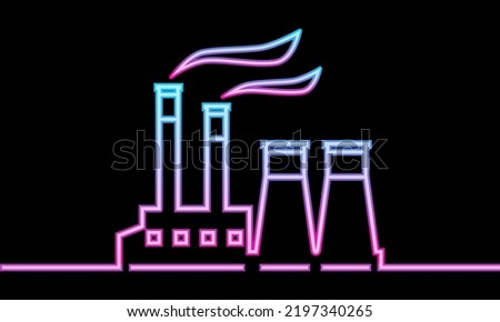Line industrial factory or power plant (powerhouse) with smoke neon glowing light futuristic sci-fi outline icon logo flat vector design. Royalty-Free Stock Photo #2197340265