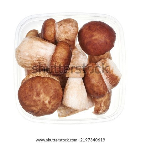 Plastic container with mushroom boletus. Top view of raw vegetables isolated on white background. Preparing vegetables for freezing. Storage for winter storage in trays
