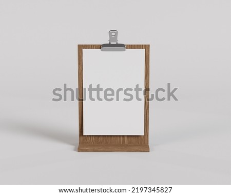 Standing Wood Clipboard mockup, menu board, 3d render, 3d rendering