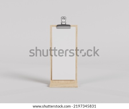 Standing Wood Clipboard mockup, menu board, 3d render, 3d rendering