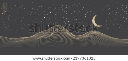 Vector abstract art landscape mountain night sky with crescent moon stars by golden line art texture isolated on dark grey black background. Minimal luxury style for wallpaper, wall art decoration.