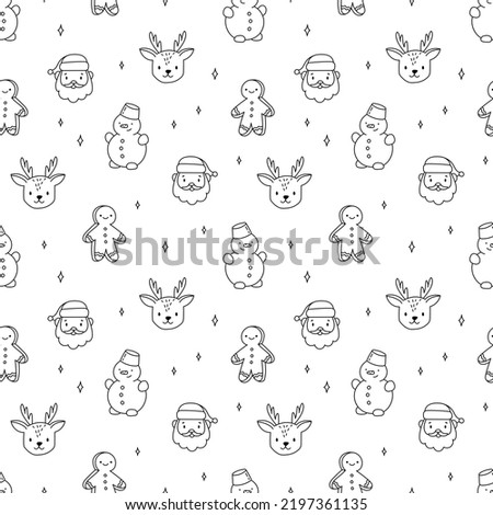Christmas seamless pattern with Santa Claus. New year pattern in outline doodle style. Vector background for wrapping paper, banners, web design, scrapbooking and other holiday design.