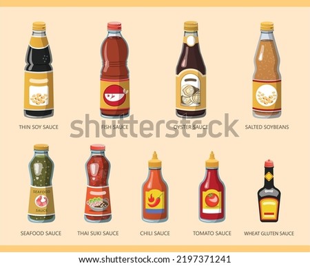 Thai seasoning sauce and dipping sauce bottle set. illustration vecto Royalty-Free Stock Photo #2197371241