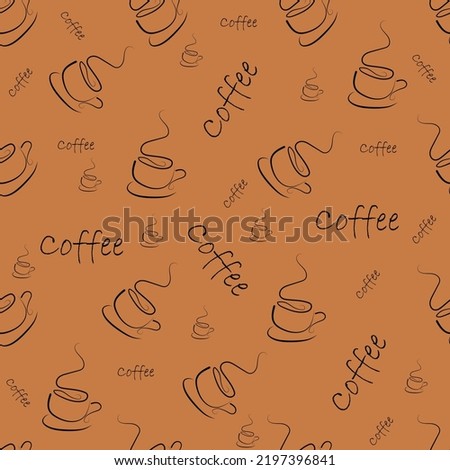 Vector coffee cup seamless pattern. Abstract line backdrop illustration with handwritten lettering. Wallpaper, background, fabric, textile, print, wrapping paper or package design.