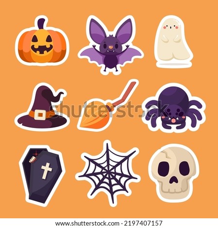 Halloween cute cartoon drawing sticker style. pumpkin, witch hat, grave, web, spider, bat, broom, coffin,  and ghost. Vector illustration clipart flat design.