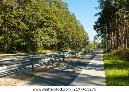 a highway and a sidewalk, in the photo a road and a sidewalk in a forest belt.