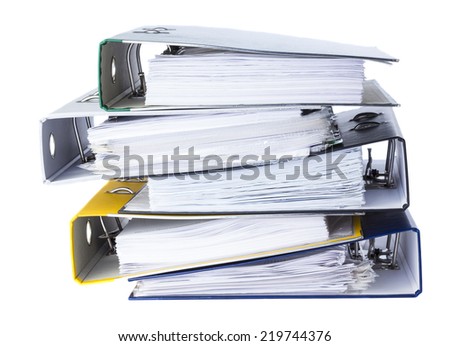 folders in a stack of documents for accounting and isolated on a white background.