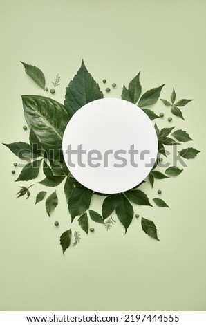White round template podium mockup natural organic cosmetic product presentation ad with green fresh leaves nature frame flat lay background trendy stylish minimalist flatlay vertical yellow backdrop.