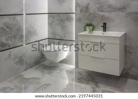 The bathroom overlooks the closed toilet, tap, cupboard, sink, plant and stone tiles on the wall. Royalty-Free Stock Photo #2197445031