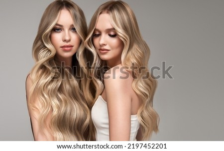 Two beautiful women    with hair coloring in ultra blond. Stylish hairstyle curls done in a beauty salon. Fashion girls , cosmetics and makeup. Royalty-Free Stock Photo #2197452201