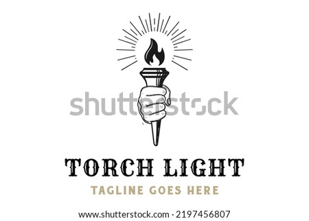 Vintage Sketch Hand hold Torch Fire Flame Light for Sport Event Logo Design Vector