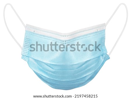 Blue medical protective face or surgical mask isolated on white background with clipping path. Monkeypox outbreak prevention. Full Depth of Field.