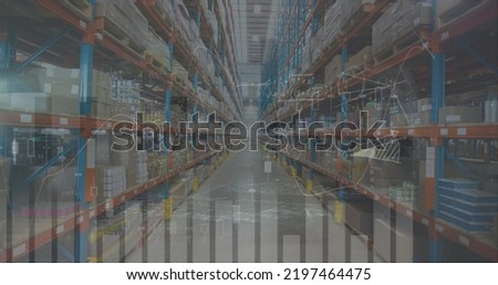 Image of statistics processing over mathematical equations and warehouse. global shipping, business and data processing concept digitally generated image.
