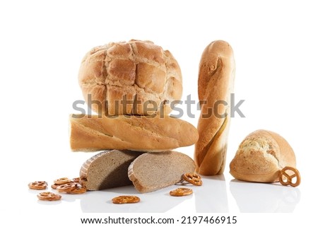 Various Bread, Isolated on White. Concept Bakery Poster. Horizontal Picture