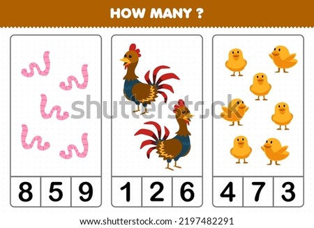 Education game for children counting how many cute cartoon worm chicken chick printable farm worksheet