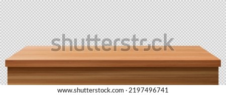 Wooden table foreground, tabletop front view, brown rustic countertop of wood surface. Retro dining desk or plank texture isolated on transparent background, realistic 3d vector mock up	 Royalty-Free Stock Photo #2197496741