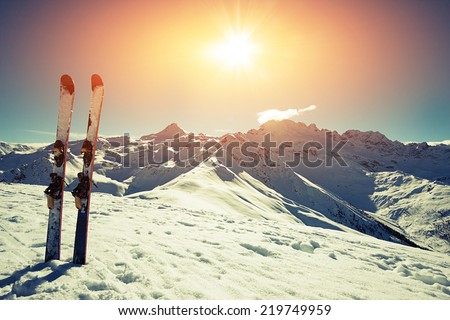 Skis in snow at Mountains Royalty-Free Stock Photo #219749959