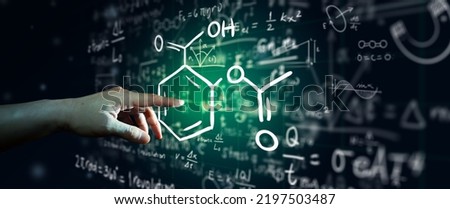 Hand on science formula and math equation abstract black board background. Mathematic or Chemistry education, Artificial intelligence Concept. Royalty-Free Stock Photo #2197503487