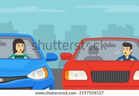 Safe driving tips and traffic regulation rules. Front view of a yelling characters. Road rage between male driver and female driver. Flat vector illustration template. Royalty-Free Stock Photo #2197504537