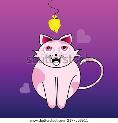 Cute cat looking to it's food. Fish trap for cat on it's face, funny cat cartoon vector illustration.