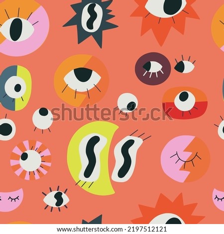Seamless pattern with hand drawn eyes. Spooky halloween background with different eerie eyes and eyeballs.