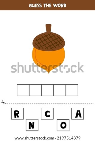 Spell the word. Vector illustration of autumn acorn. Spelling game for kids. 