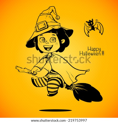 Baby Dressed in a Halloween Witch Costume. Little girl flying on a broom