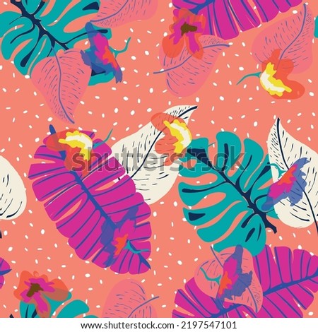 Colorful Flowers Floral Vector Seamless Pattern. Blue Jungle Plant Wallpaper. Pink Flower Painting Typography. Colours Tropical Leaves Print.