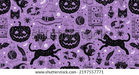Halloween seamless pattern. Vector background with pumpkin cat witch hat potion. Cute esoteric design. Black spooky wallpaper illustration. Cat horror sketch art. Magic psychedelic halloween pattern