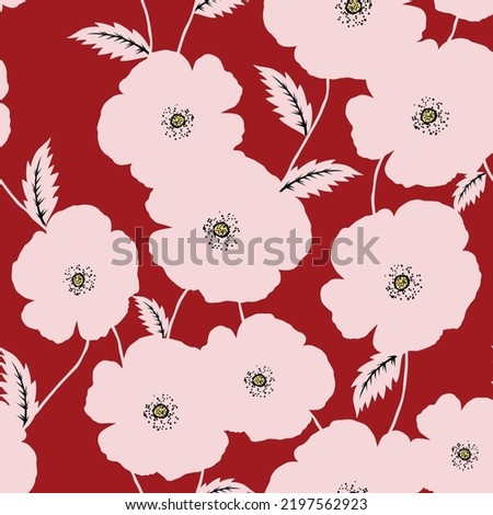 pink seamless floral vector flowers leaves pattern on red background