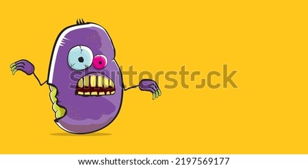 vector funny cartoon spooky violet zombie potato character isolated on orange background. Zombie potato vector concept halloween background and label. Dead monster vegetable funky character