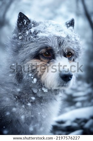 Photo of a dog in nature in the snow forest, looking at the camera. Soft coat, glamour style photo, pet for advertising. Female and male dog photography.
