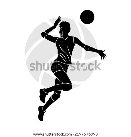 Black silhouette of girl volleyball player jumping in the air and hitting the ball. Vector illustration