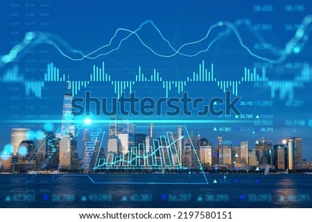 Skyline of New York City Financial Downtown Skyscrapers at night. Manhattan, NYC, USA. View from New Jersey. Forex candlestick graph hologram. The concept of internet trading, brokerage, analysis