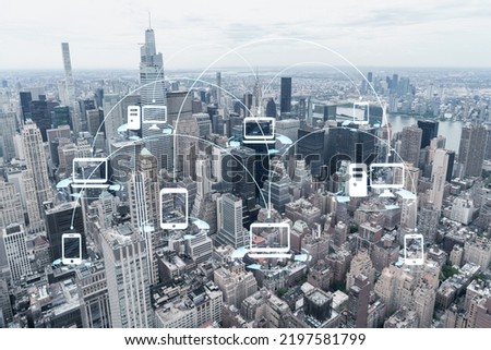 Aerial panoramic city view of Upper Manhattan, the East Side, river and Brooklyn on horizon, New York city, USA. Social media hologram. Concept of networking and establishing new people connections