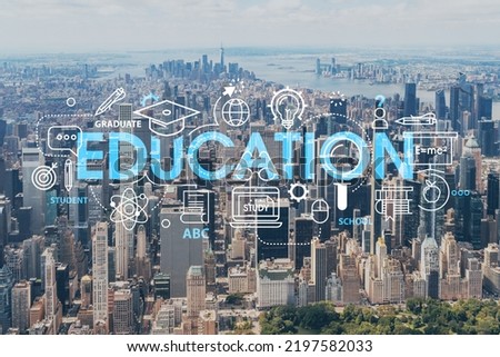 Aerial panoramic helicopter city view of Midtown Manhattan neighborhoods and Central Park, New York, USA. Technologies and education concept. Academic research, top ranking university, hologram