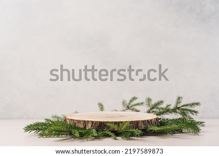 Wood slice podium and green spruce branches on white background. Concept scene stage showcase for new product, promotion sale, banner, presentation, cosmetic. Wooden stand studio empty