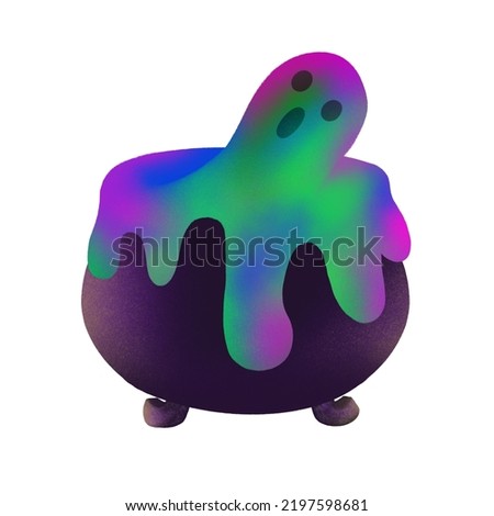 Bowling green purple and blue witch's brew with ghost. Happy Halloween cauldron and ghost isolated on white background. Watercolor Halloween clip art