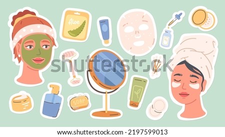 Woman face skin care cosmetic stickers set. Women wearing facial mask, gel eye patches. Cream, oil bottles, massager, mirror, soap. Skincare, hygiene, beauty collection flat vector illustration Royalty-Free Stock Photo #2197599013