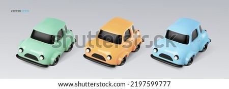 Vector 3d cartoon colorful toy vehicle cars on light background. Collection of mini model cars