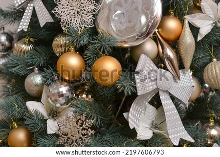 Christmas tree decorated with Christmas tree decorations. Christmas background. Merry Christmas and Happy New Year!