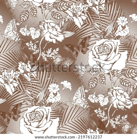 Fantastic flowers and butterflies. Seamless pattern.In style Toile de Jou. Suitable for fabric, mural, wrapping paper and the like