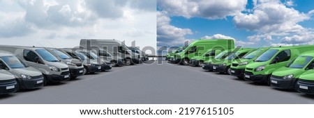 Delivery vans in a rows. Gray cars on one side, green on the other. Clean transportation concept Royalty-Free Stock Photo #2197615105
