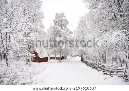A calm tranquil view of the snow covered trees in the snowdrifts. Small hut in the Magical winter forest. Natural landscape with cloudy sky. 