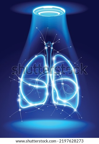 3D human lung illustration made up of glowing white curves on a blue background with glowing dots representing medical technology. Used in medical and commercial applications. Royalty-Free Stock Photo #2197628273