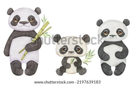 Watercolor panda family set, cute baby, mom, dad pandas with bamboo for baby shower, Birthday invitation