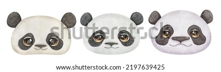 Watercolor panda face set, cute baby, mom, dad pandas with funny big eyes