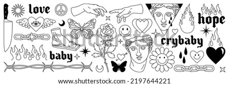 Tattoo art 1990s, 2000s. Y2k stickers. Butterfly, barbed wire, fire, flame, chain, heart and other elements in trendy psychedelic style. Vector hand drawn tattoo print. Black and white colors. Royalty-Free Stock Photo #2197644221