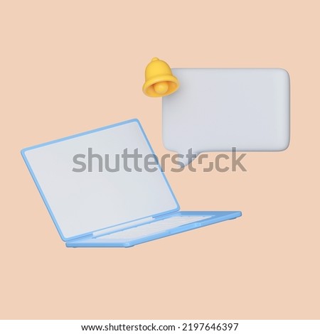 3D Laptop and speech text bubble and notification bell realistic elements with clipping path. 3D Rendering.
